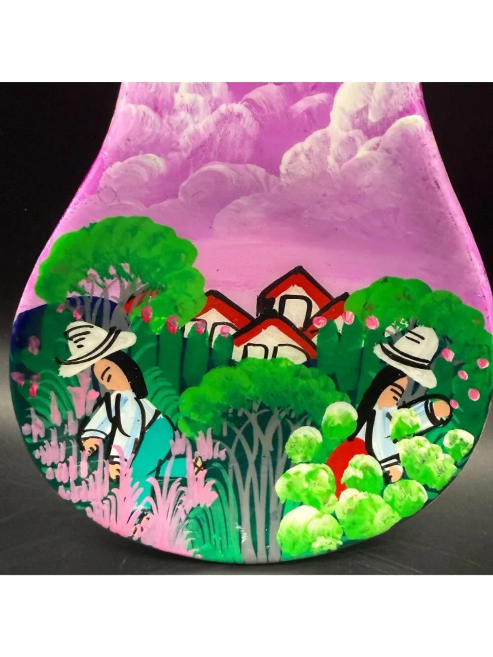 Guatemalan Folk Art Ceramic Spoon Rest Wall Decor Campesino Village Hand Painted